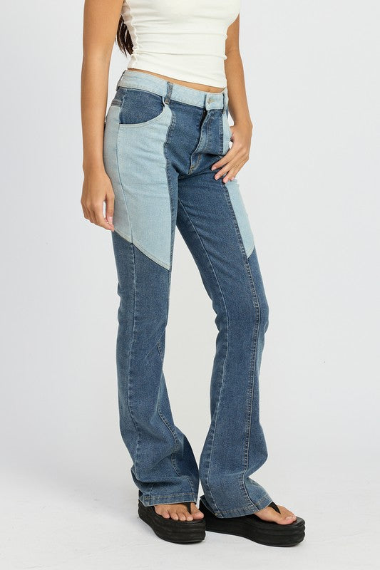 Denim COLOR BLOCK WIDE LEG PANTS - Modestly Vogue 