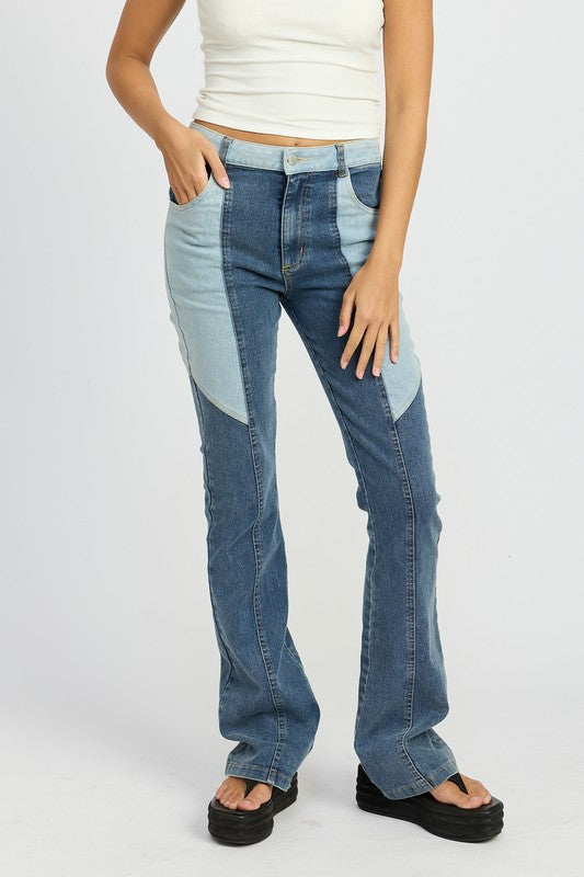 Denim COLOR BLOCK WIDE LEG PANTS - Modestly Vogue 