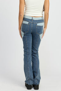 Denim COLOR BLOCK WIDE LEG PANTS - Modestly Vogue 