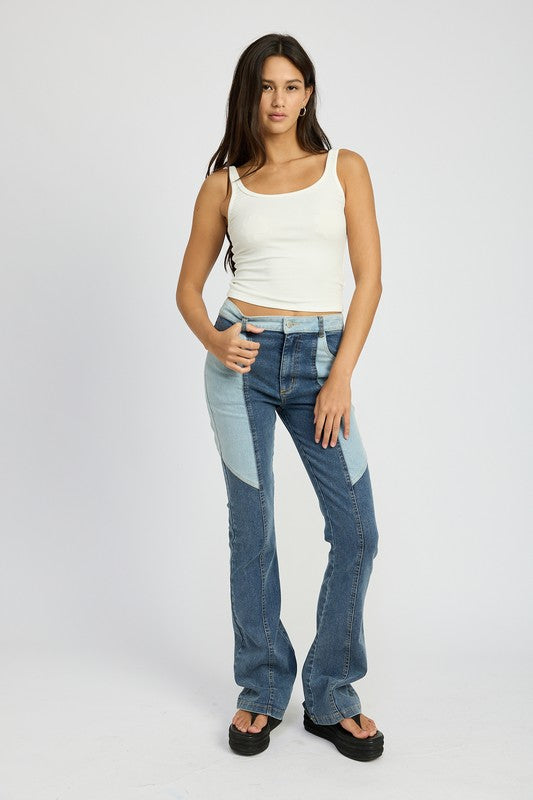 Denim COLOR BLOCK WIDE LEG PANTS - Modestly Vogue 