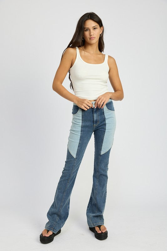 Denim COLOR BLOCK WIDE LEG PANTS - Modestly Vogue 