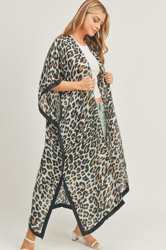 Stylish Cardigans & Kimonos for Women – Trendy & Versatile Outerwear for Any Occasion | Modestly Vogue Leopard Print Front Open Long Kimono - Modestly Vogue 