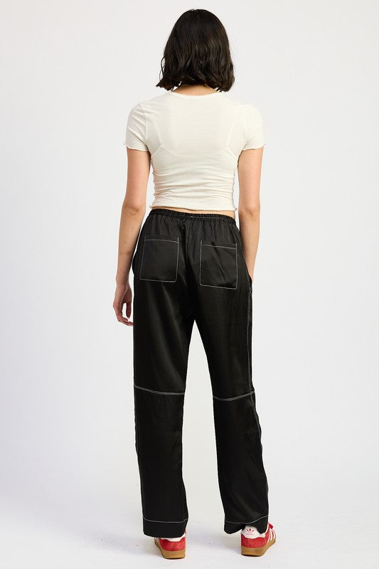 SATIN LOUNGE PANTS WITH CONTRASTED STITCH - Modestly Vogue 