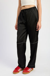 SATIN LOUNGE PANTS WITH CONTRASTED STITCH - Modestly Vogue 