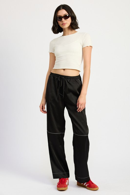 SATIN LOUNGE PANTS WITH CONTRASTED STITCH - Modestly Vogue 