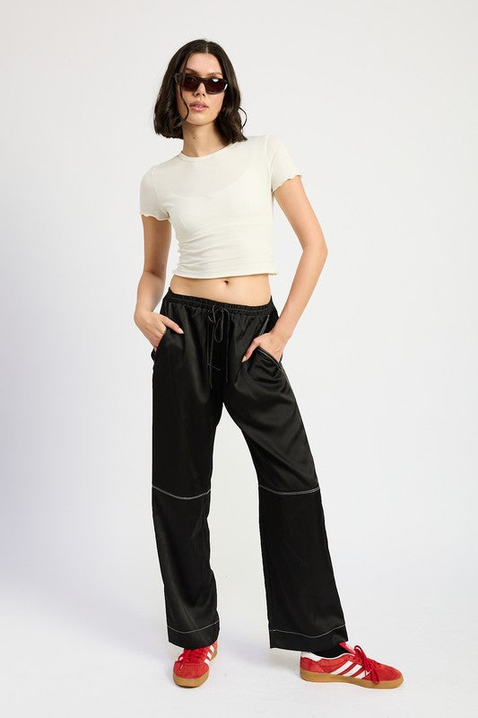 SATIN LOUNGE PANTS WITH CONTRASTED STITCH - Modestly Vogue 