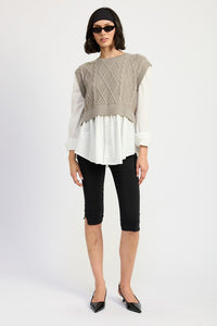 CABLE TWO FER SWEATER TOP - Modestly Vogue 