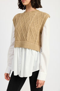 CABLE TWO FER SWEATER TOP - Modestly Vogue 