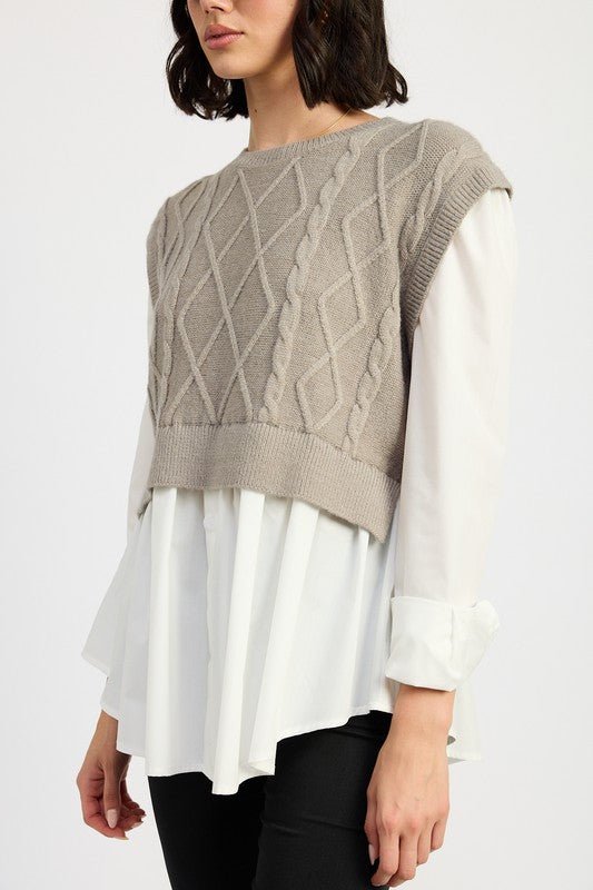 CABLE TWO FER SWEATER TOP - Modestly Vogue 