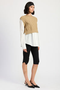 CABLE TWO FER SWEATER TOP - Modestly Vogue 