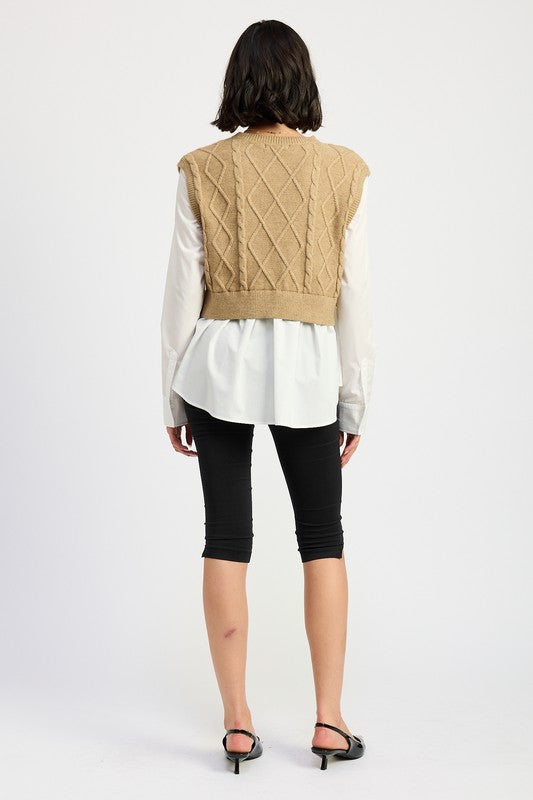 CABLE TWO FER SWEATER TOP - Modestly Vogue 