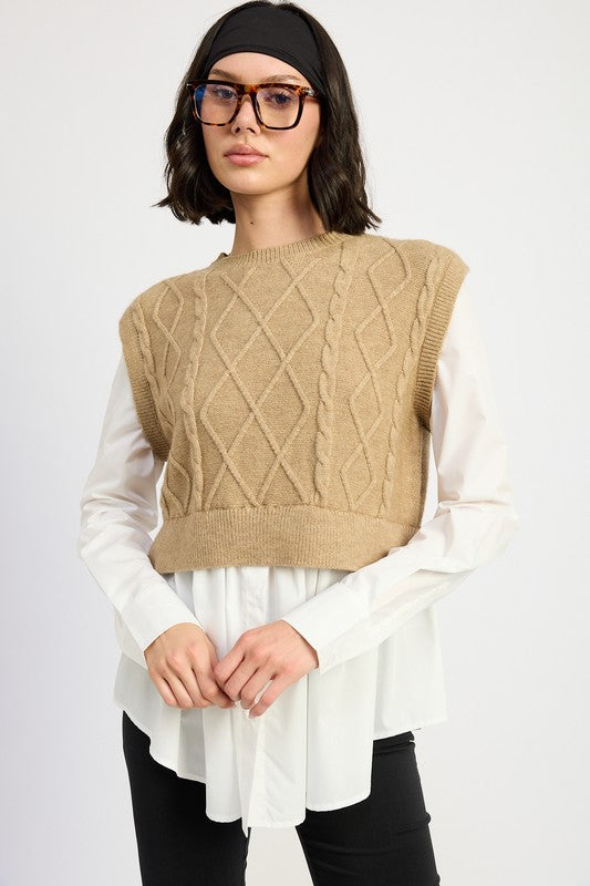 CABLE TWO FER SWEATER TOP - Modestly Vogue 