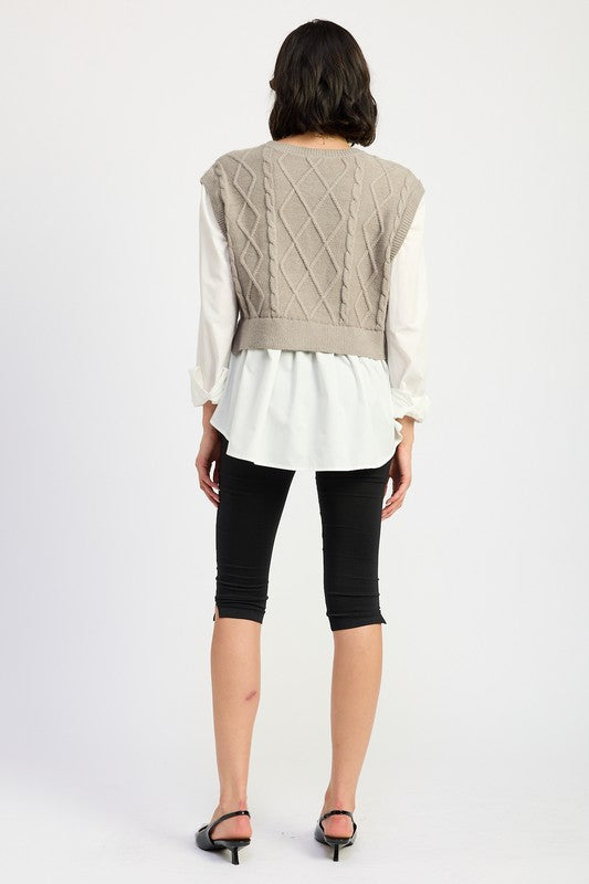 CABLE TWO FER SWEATER TOP - Modestly Vogue 