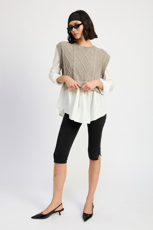 CABLE TWO FER SWEATER TOP - Modestly Vogue 