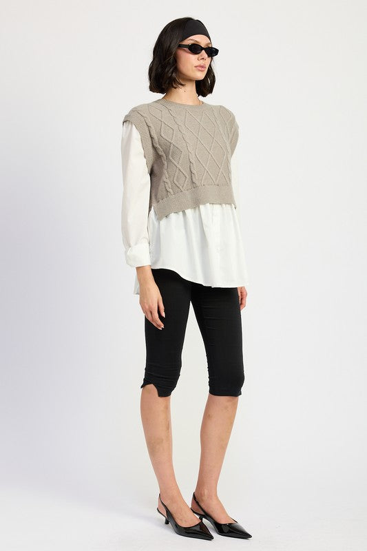 CABLE TWO FER SWEATER TOP - Modestly Vogue 