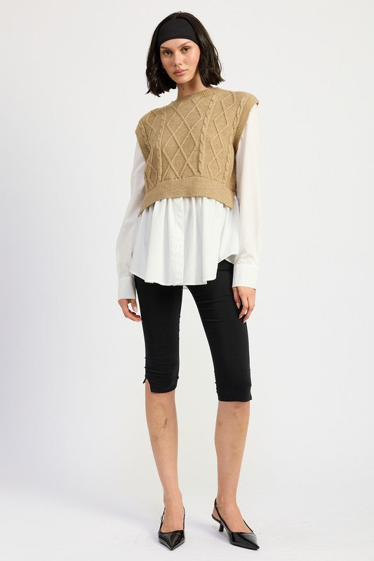 CABLE TWO FER SWEATER TOP - Modestly Vogue 