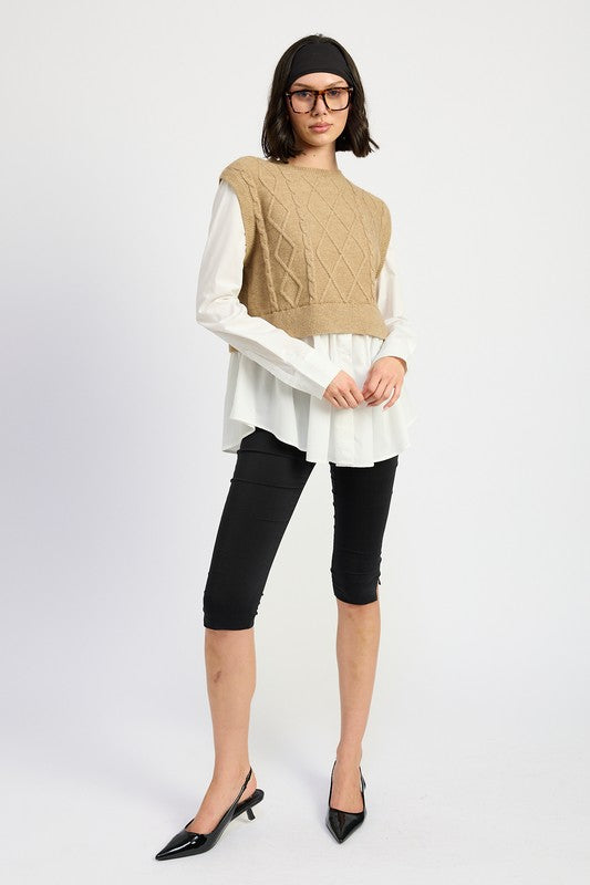 CABLE TWO FER SWEATER TOP - Modestly Vogue 