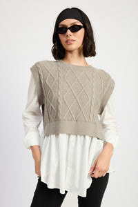 CABLE TWO FER SWEATER TOP - Modestly Vogue 