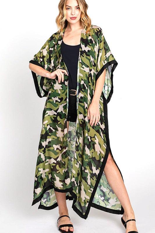 Women Camouflage Print Extra Long Kimono Duster Cardigan - Modestly Vogue 