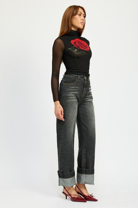 Denim WASHED DENIM PANTS WITH FOLD OVER DETAIL - Modestly Vogue 