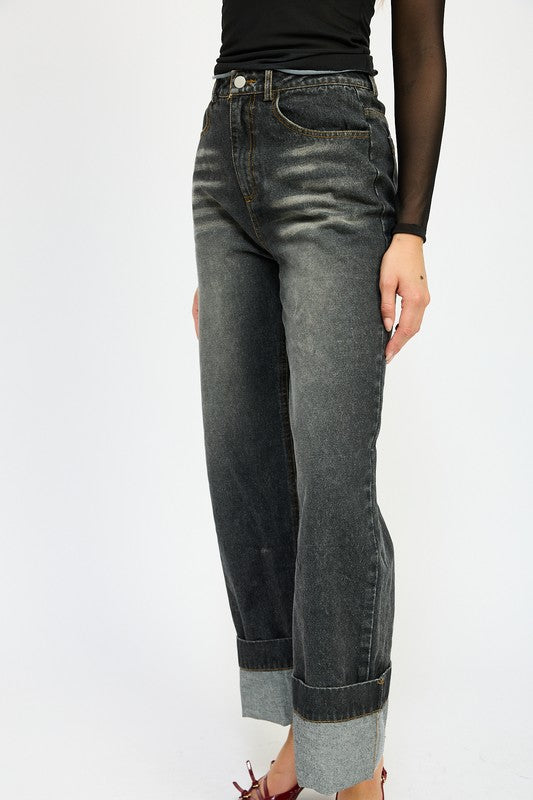 Denim WASHED DENIM PANTS WITH FOLD OVER DETAIL - Modestly Vogue 