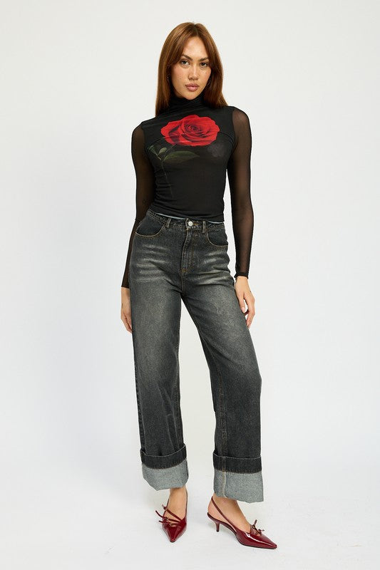 Denim WASHED DENIM PANTS WITH FOLD OVER DETAIL - Modestly Vogue 