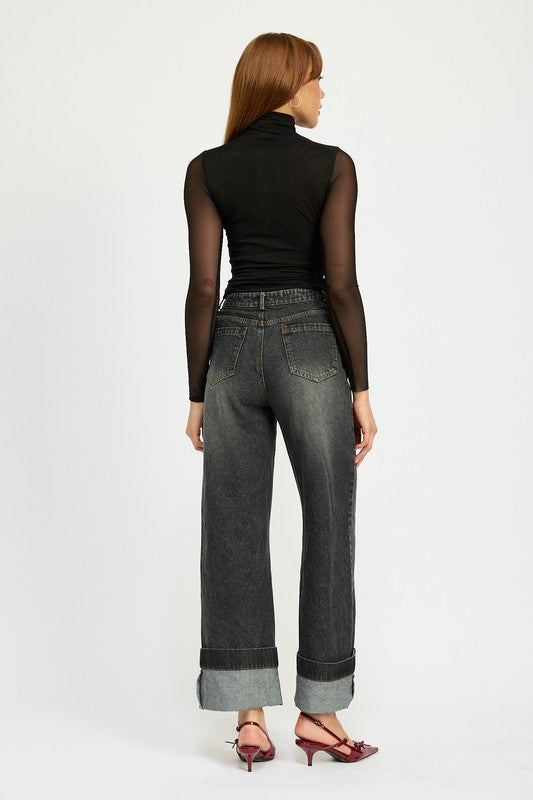 Denim WASHED DENIM PANTS WITH FOLD OVER DETAIL - Modestly Vogue 