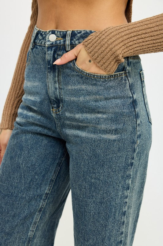 Denim WASHED DENIM PANTS WITH FOLD OVER DETAIL - Modestly Vogue 