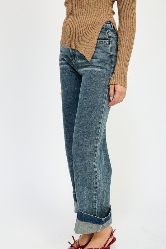 Denim WASHED DENIM PANTS WITH FOLD OVER DETAIL - Modestly Vogue 