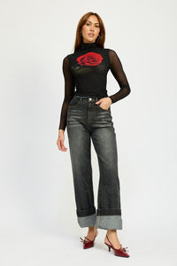 Denim WASHED DENIM PANTS WITH FOLD OVER DETAIL - Modestly Vogue 