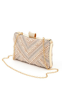 Chevron Pearl Rhinestone Convertible Box Clutch Evening Bag for Special Occasions - Modestly Vogue 