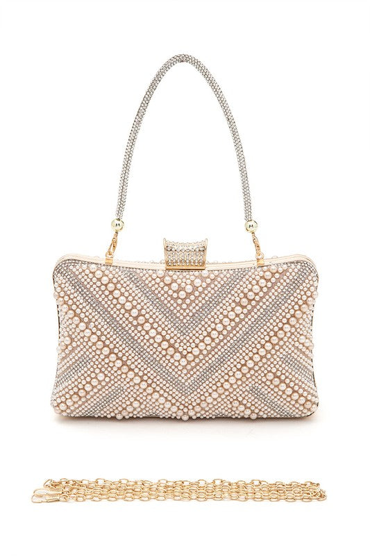 Chevron Pearl Rhinestone Convertible Box Clutch Evening Bag for Special Occasions - Modestly Vogue 