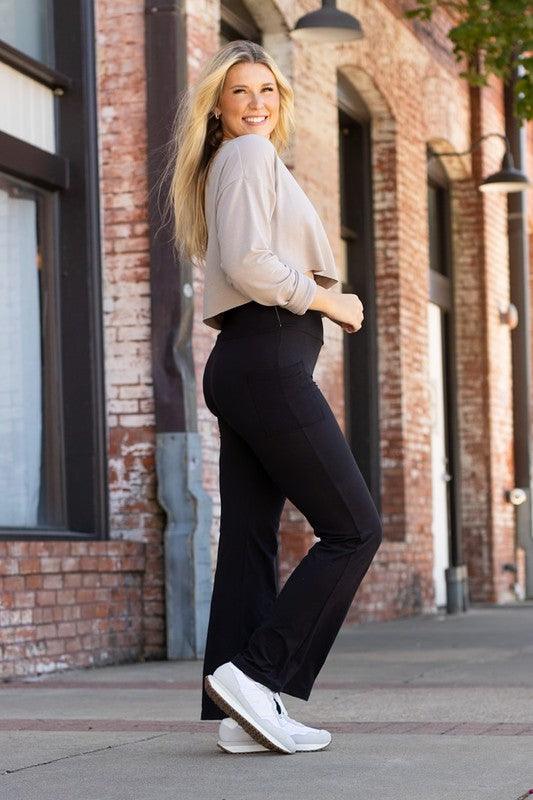 Flattering Curvy Fit | Stylish & Comfortable Plus-Size Clothing | Modestly Vogue The Liz - Crossover Bootcut Leggings with Pockets YOGA - Modestly Vogue 