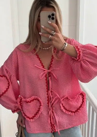 Front Tie Lantern Sleeve Heart Top | Chic Women's Fashion - Modestly Vogue 