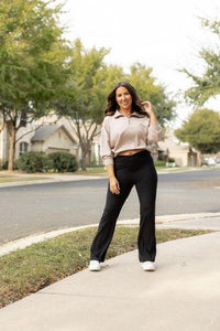 Flattering Curvy Fit | Stylish & Comfortable Plus-Size Clothing | Modestly Vogue The Liz - Crossover Bootcut Leggings with Pockets YOGA - Modestly Vogue 