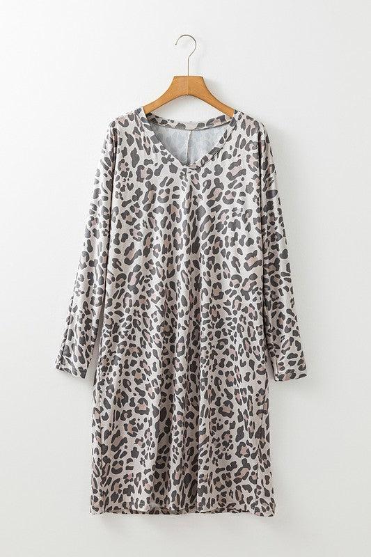 Stylish Dresses for Women – Trendy & Timeless Styles for Every Occasion | Modestly Vogue Gray Leopard Print V Neck Loose Fit Mini Dress - Modestly Vogue 