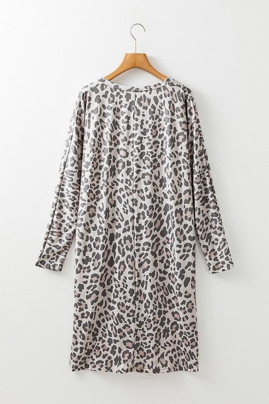 Stylish Dresses for Women – Trendy & Timeless Styles for Every Occasion | Modestly Vogue Gray Leopard Print V Neck Loose Fit Mini Dress - Modestly Vogue 