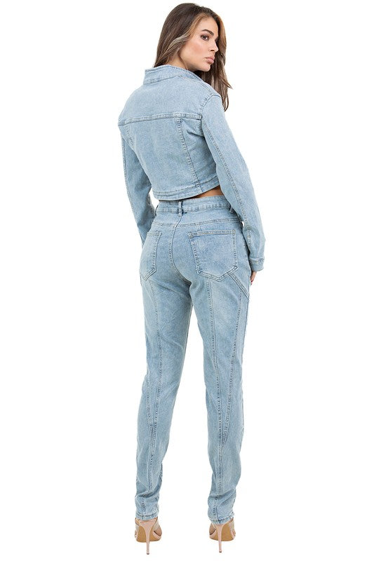 FASHION DENIM TWO PIECE PANTS SET - Modestly Vogue 