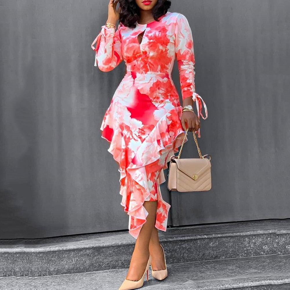 Stylish Dresses for Women – Trendy & Timeless Styles for Every Occasion | Modestly Vogue Autumn Winter Office Printed Ruffled Sheath One Step Dress - Modestly Vogue 