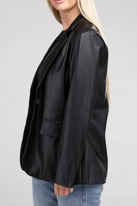 Sleek Pu Leather Blazer with Front Closure - Modestly Vogue 