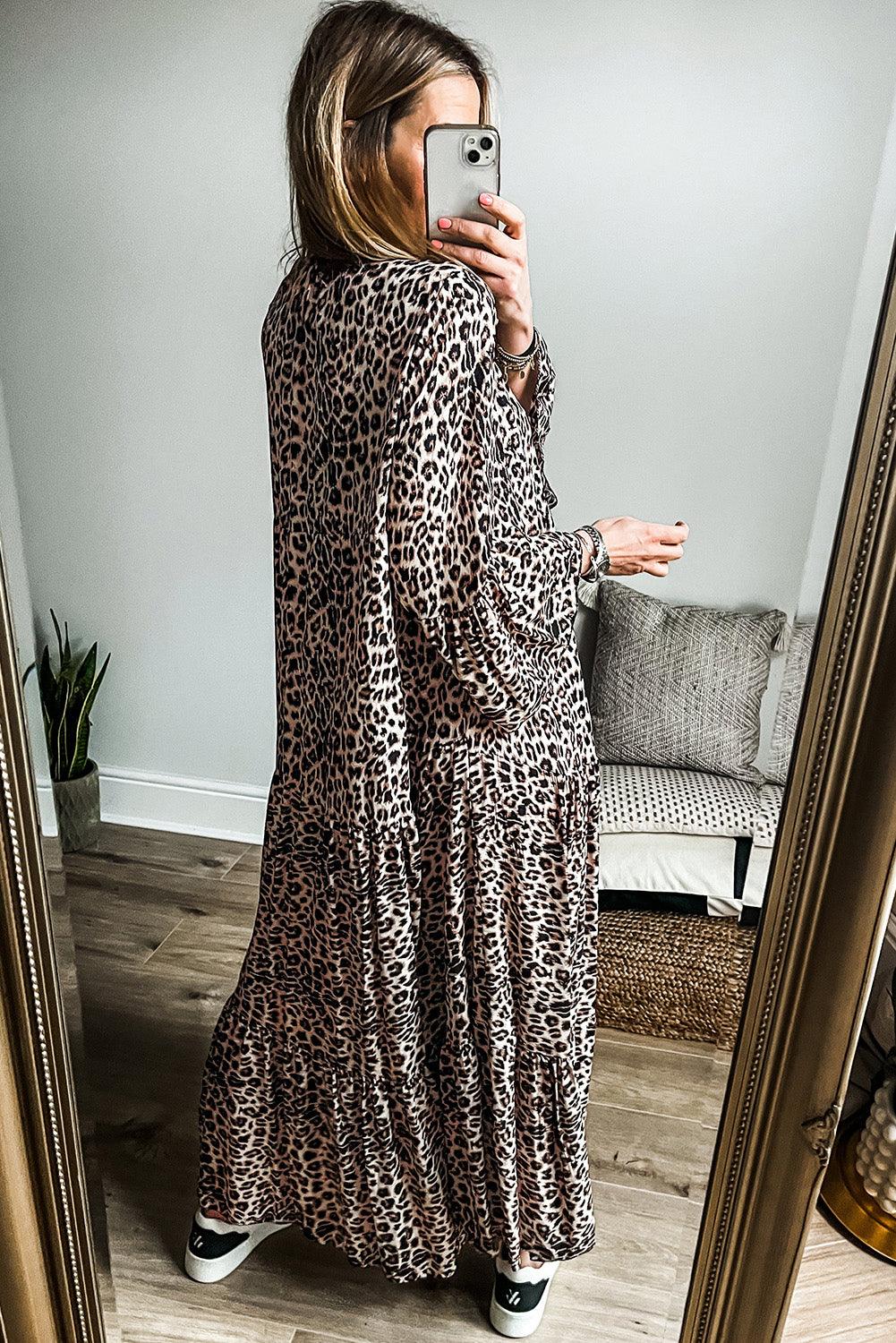 Apricot Leopard Print Tiered Wide Sleeve Maxi Dress - Modestly Vogue 