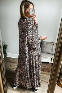 Apricot Leopard Print Tiered Wide Sleeve Maxi Dress - Modestly Vogue 