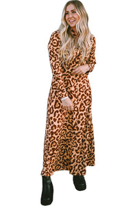 Leopard Button-Up Long Sleeve Maxi Dress - Modestly Vogue 