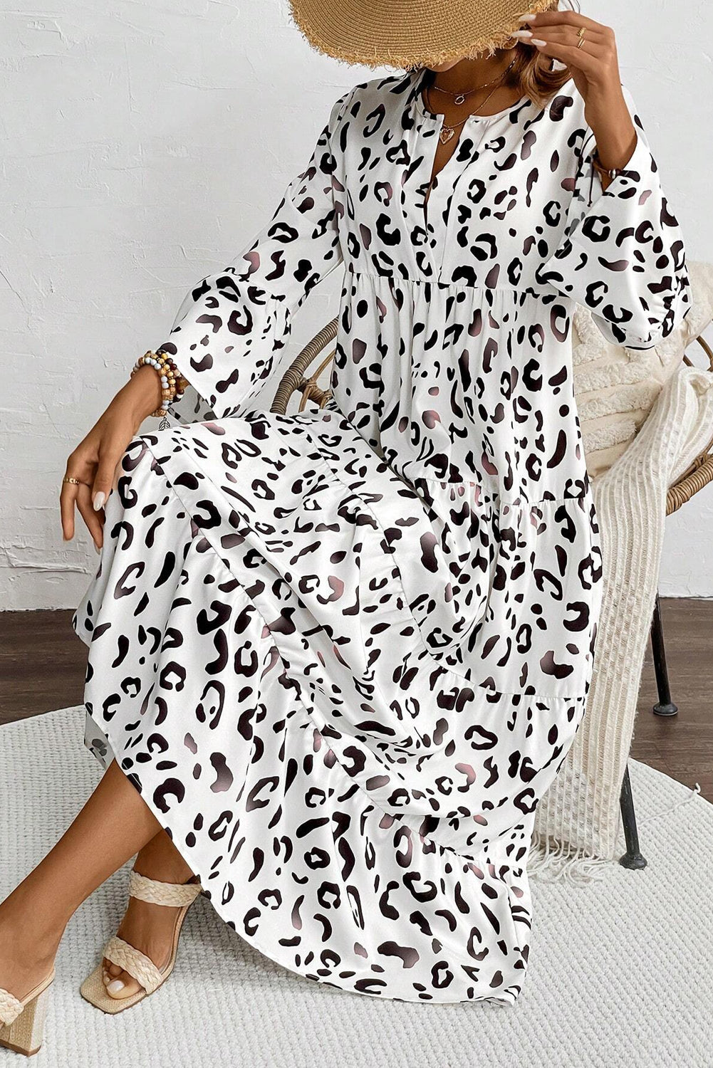 White Leopard Print Notch V Neck Loose Fit Maxi Dress - Modestly Vogue 