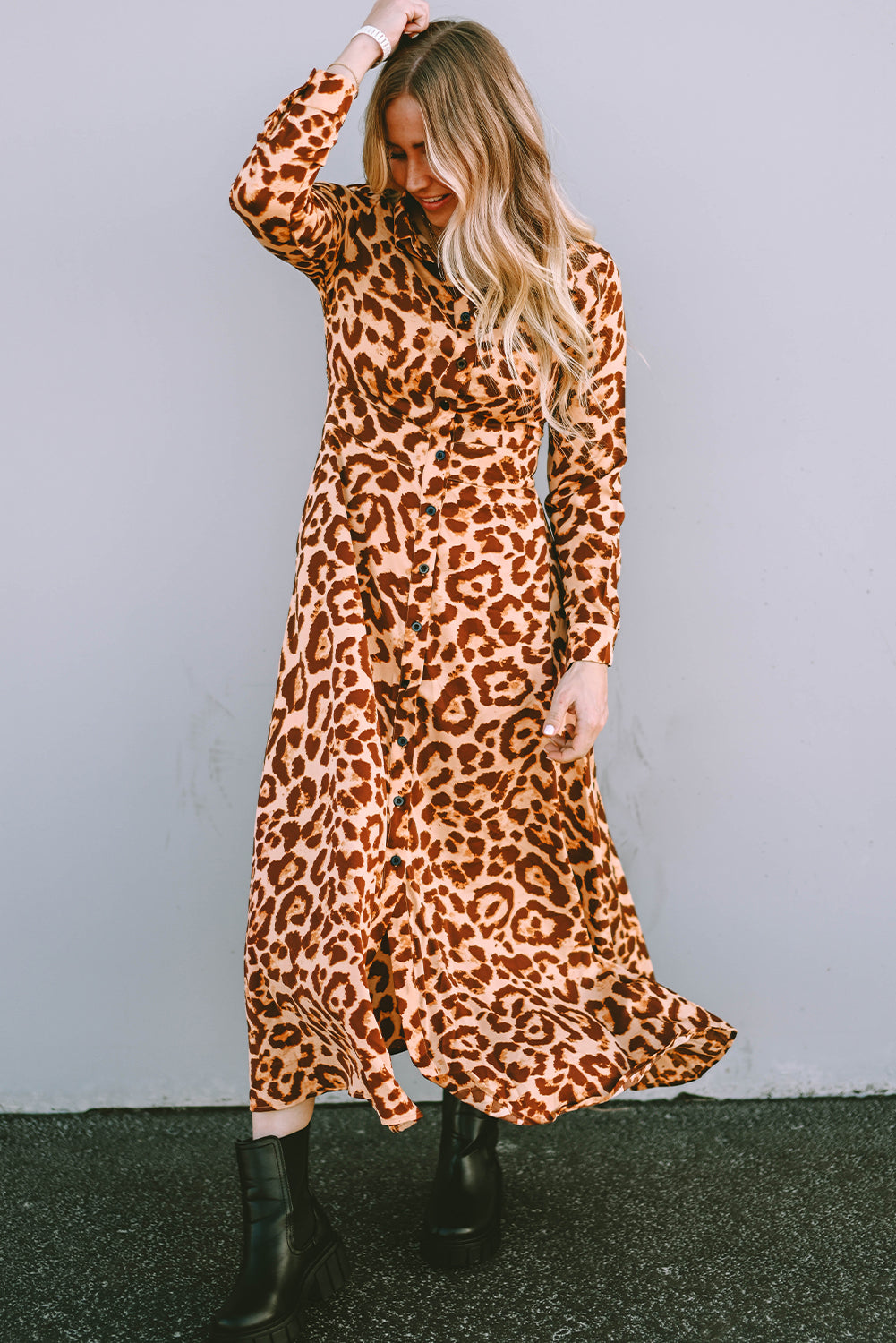 Leopard Button-Up Long Sleeve Maxi Dress - Modestly Vogue 