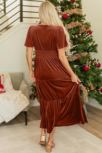 Chestnut Velvet Short Sleeve Shirred Waist Tiered Maxi Dress - Modestly Vogue 