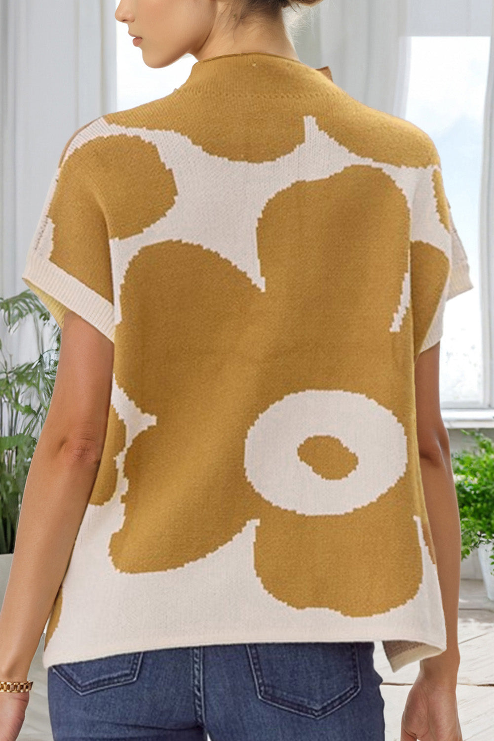 Camel Big Flower Pattern Stand Neck Short Sleeve Sweater - Modestly Vogue 