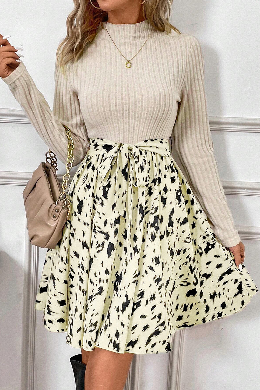 Beige Ribbed Knit Patchwork Printed Belted A-line Dress - Modestly Vogue 