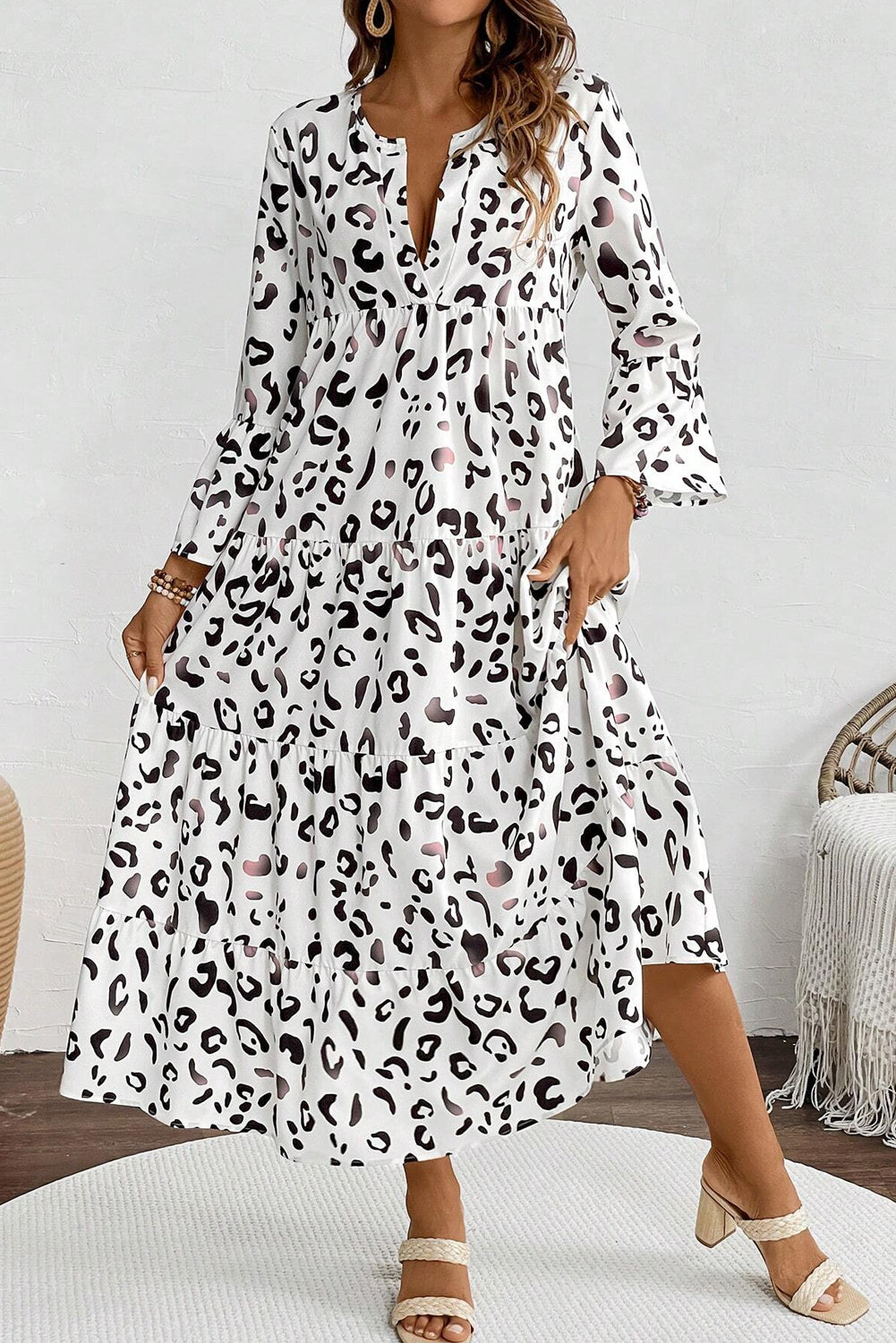 White Leopard Print Notch V Neck Loose Fit Maxi Dress - Modestly Vogue 