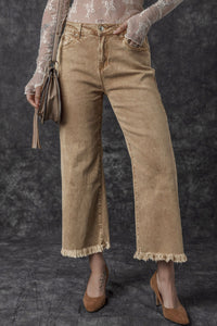 Denim Light French Beige Acid Washed High Rise Cropped Wide Leg - Modestly Vogue 